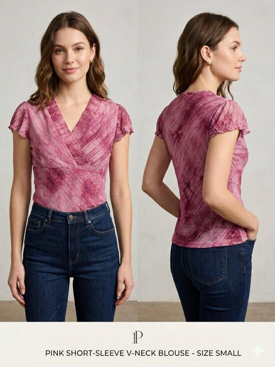 unbranded Tops - Y2K Pink Short-Sleeve V-Neck Wrap Abstract Print Blouse Size Small